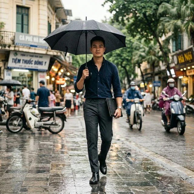 Gợi ý phối đồ nam — Thanh lịch nơi công sở, tự tin vượt qua ngày mưa