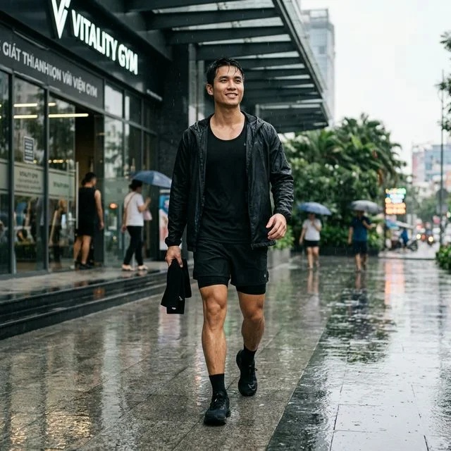 Gợi ý phối đồ nam — Năng động, khô thoáng — đến phòng tập trong ngày mưa ấm