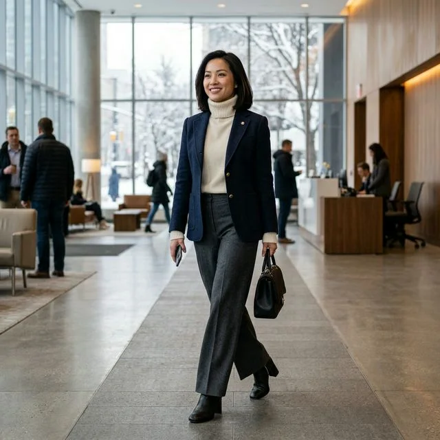 Gợi ý phối đồ nữ — Ấm áp, phong cách — công sở ngày gió mùa
