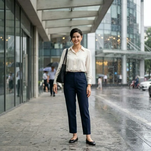 Gợi ý phối đồ nữ — Thanh lịch nơi công sở, tự tin vượt qua ngày mưa