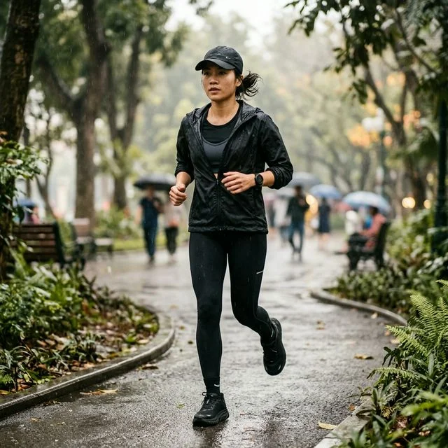 Gợi ý phối đồ nữ — Năng động, khô thoáng — đến phòng tập trong ngày mưa ấm